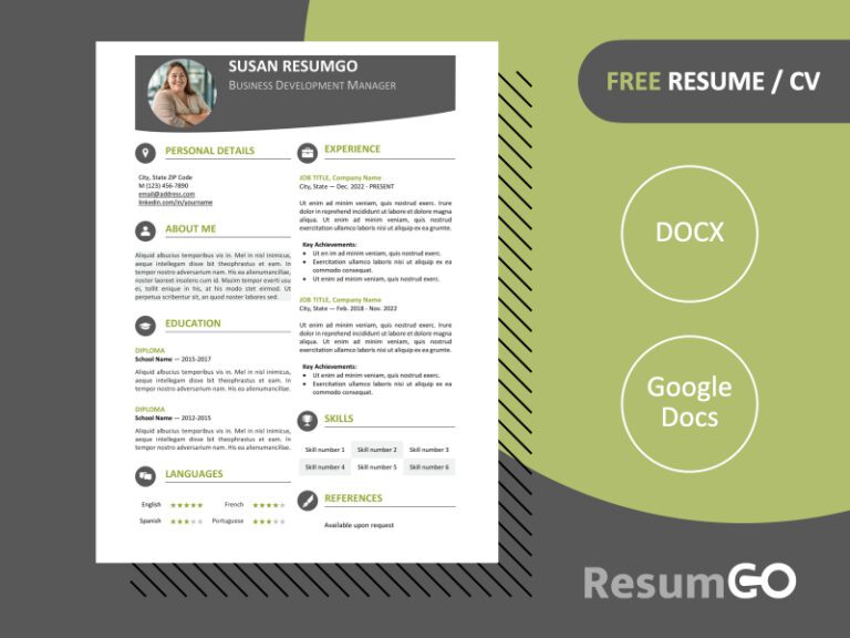 Green Hongdae resume template with modern one-page design and colored banner, editable in Word & Google Docs.