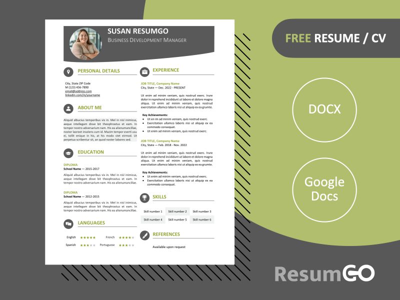 Green Hongdae resume template with modern one-page design and colored banner, editable in Word & Google Docs.