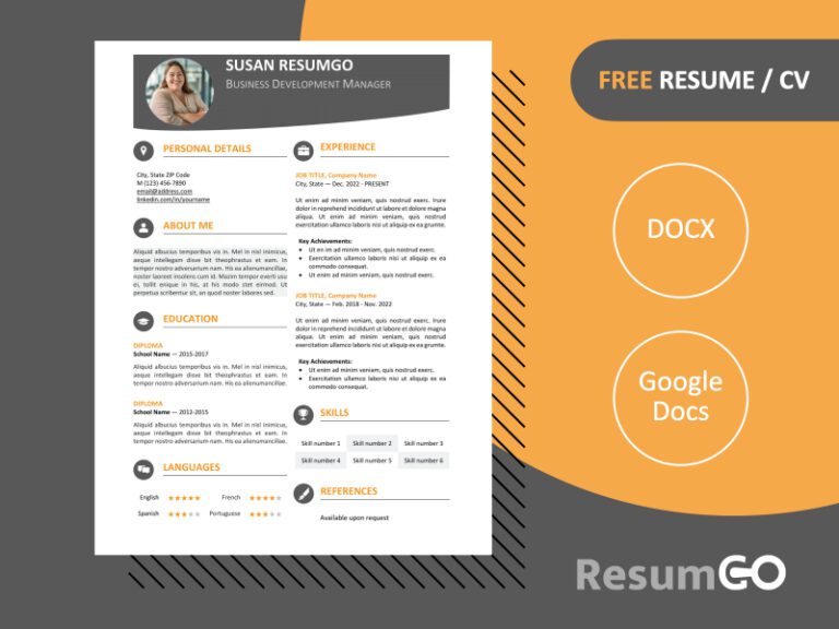 Orange Hongdae resume template with modern one-page design and colored banner, editable in Word & Google Docs.