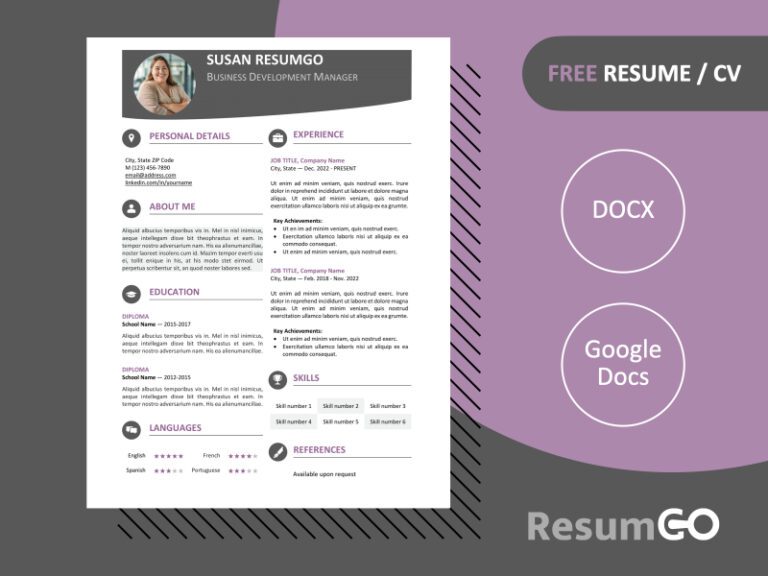 Purple Hongdae resume template with modern one-page design and colored banner, editable in Word & Google Docs.