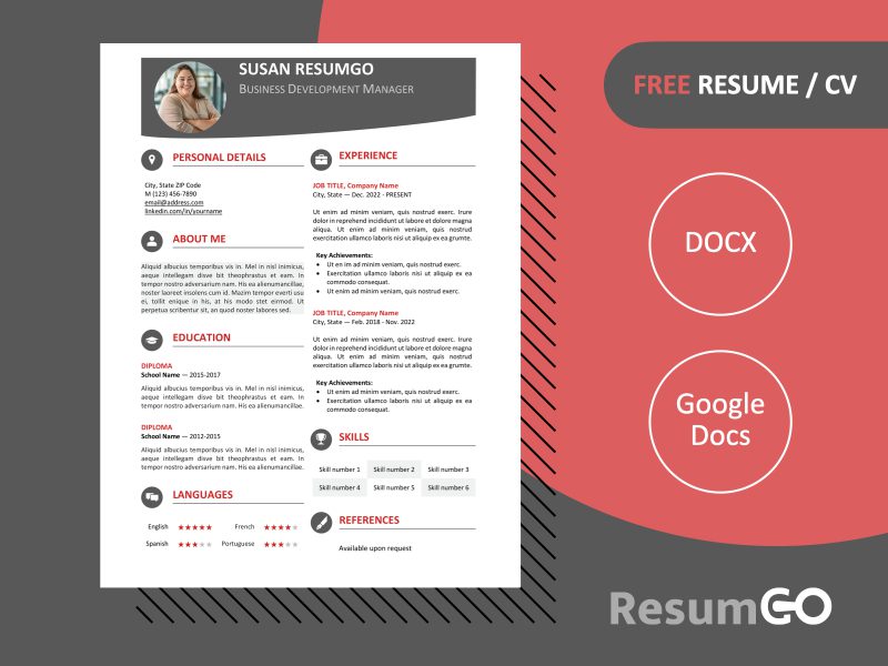 Red Hongdae resume template with modern one-page design and colored banner, editable in Word & Google Docs.