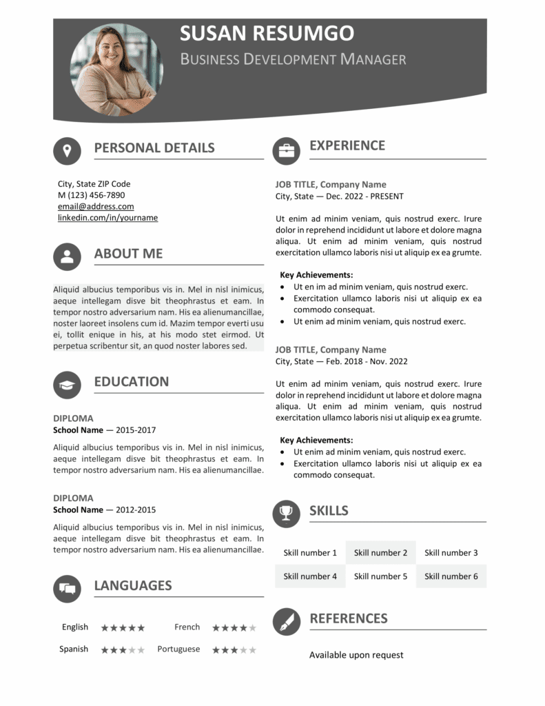 Gray Hongdae resume template with clean one-page design and top banner, editable in Word & Google Docs.