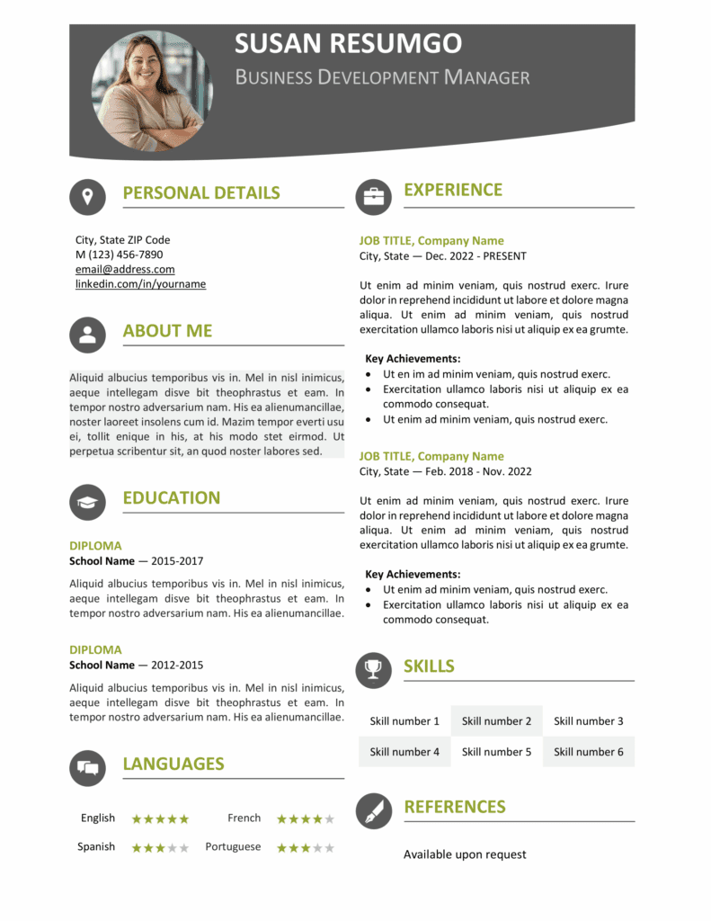 Green Hongdae resume template with clean one-page design and top banner, editable in Word & Google Docs.