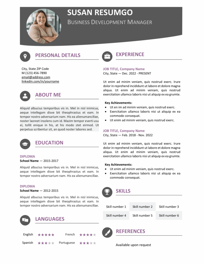 Purple Hongdae resume template with clean one-page design and top banner, editable in Word & Google Docs.