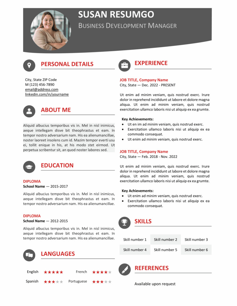 Red Hongdae resume template with clean one-page design and top banner, editable in Word & Google Docs.