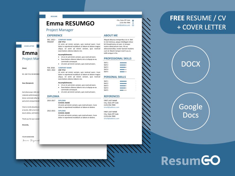 Featured preview of Blue Montjuic Resume Template with clean two-column design, banner header, in Word & Google Docs.