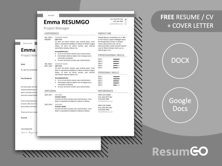 Featured preview of Gray Montjuic Resume Template with clean two-column design, banner header, in Word & Google Docs.