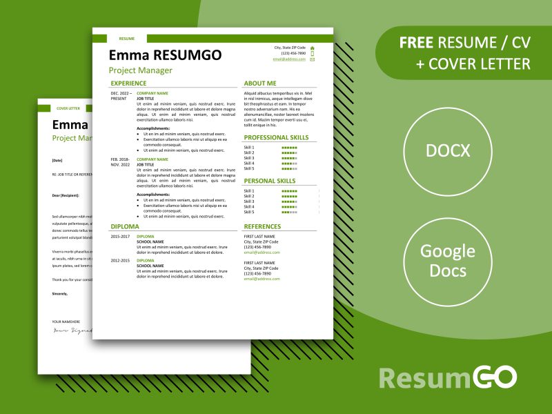 Featured preview of Green Montjuic Resume Template with clean two-column design, banner header, in Word & Google Docs.