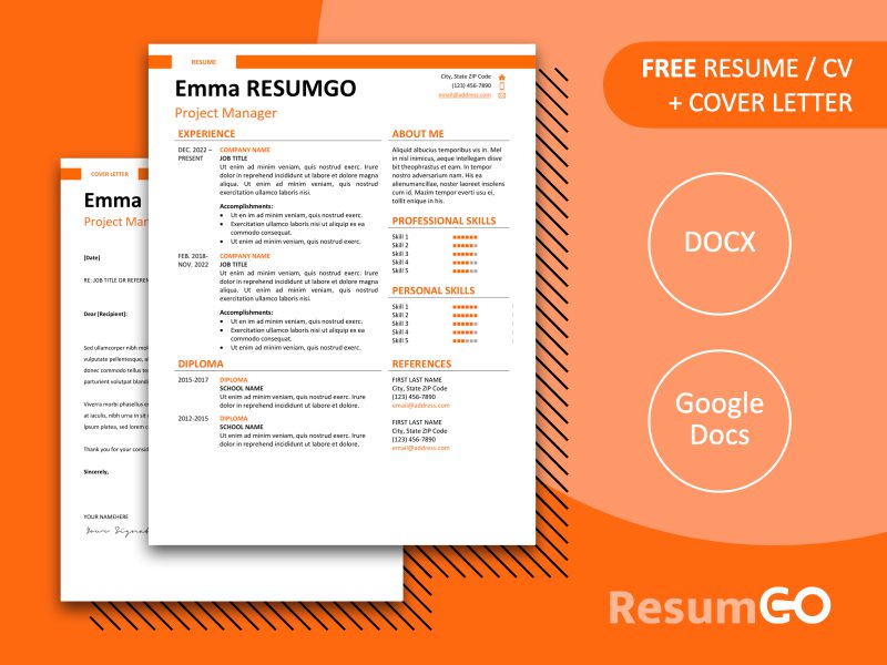 Featured preview of Orange Montjuic Resume Template with clean two-column design, banner header, in Word & Google Docs.