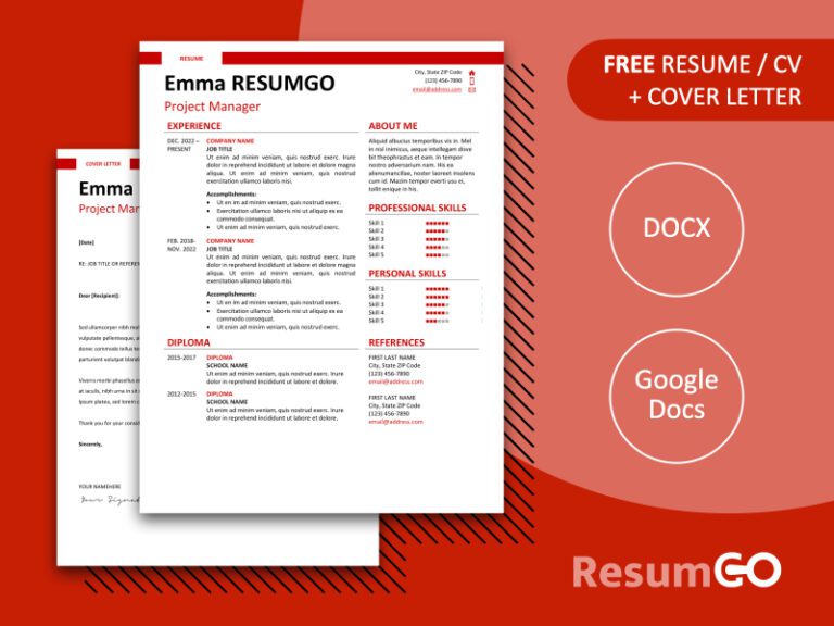 Featured preview of Red Montjuic Resume Template with clean two-column design, banner header, in Word & Google Docs.