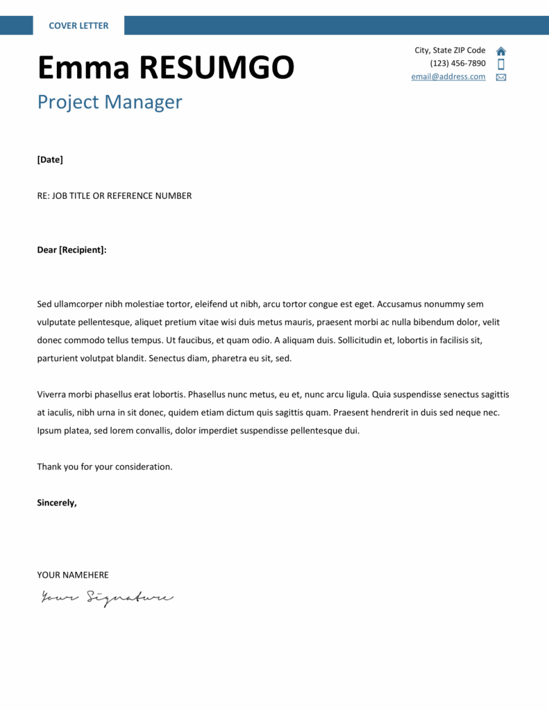 Montjuic Resume Template – Blue Cover Letter Preview Cover letter preview of Montjuic Resume Template in blue with clean two-column design, banner header, available in Word & Google Docs.