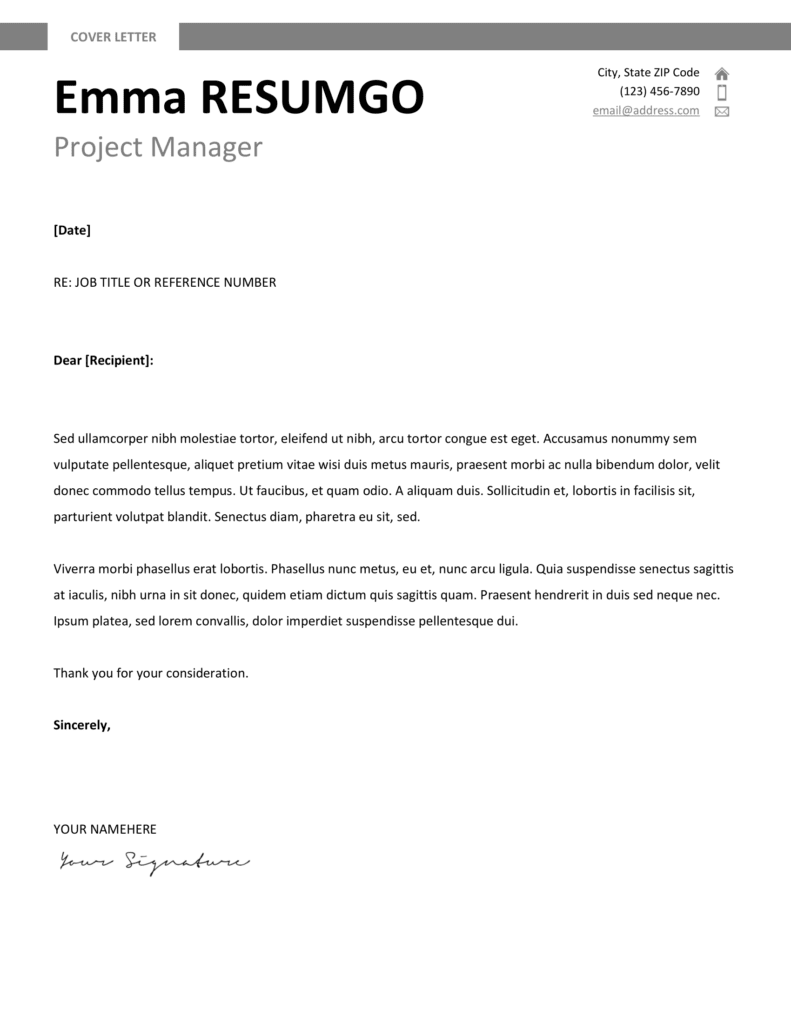 Montjuic Resume Template – Gray Cover Letter Preview Gray cover letter preview of Montjuic Template with simple, professional layout and banner header, editable in Word & Google Docs.