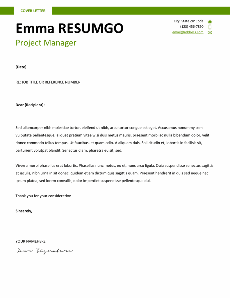 Montjuic Resume Template – Green Cover Letter Preview Green cover letter preview of Montjuic Template featuring clean two-column design and bold banner, editable in Word & Google Docs.