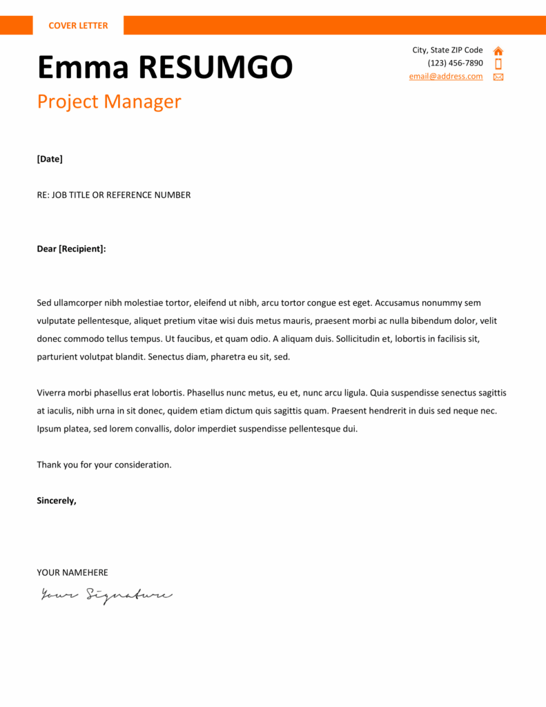 Montjuic Resume Template – Orange Cover Letter Preview Orange cover letter preview of Montjuic Template with professional two-column structure and banner header, Word & Google Docs format.