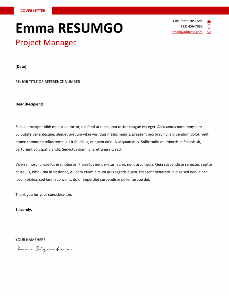 Montjuic Resume Template – Red Cover Letter Preview Red cover letter preview of Montjuic Template with elegant two-column design and banner header, editable in Word & Google Docs.