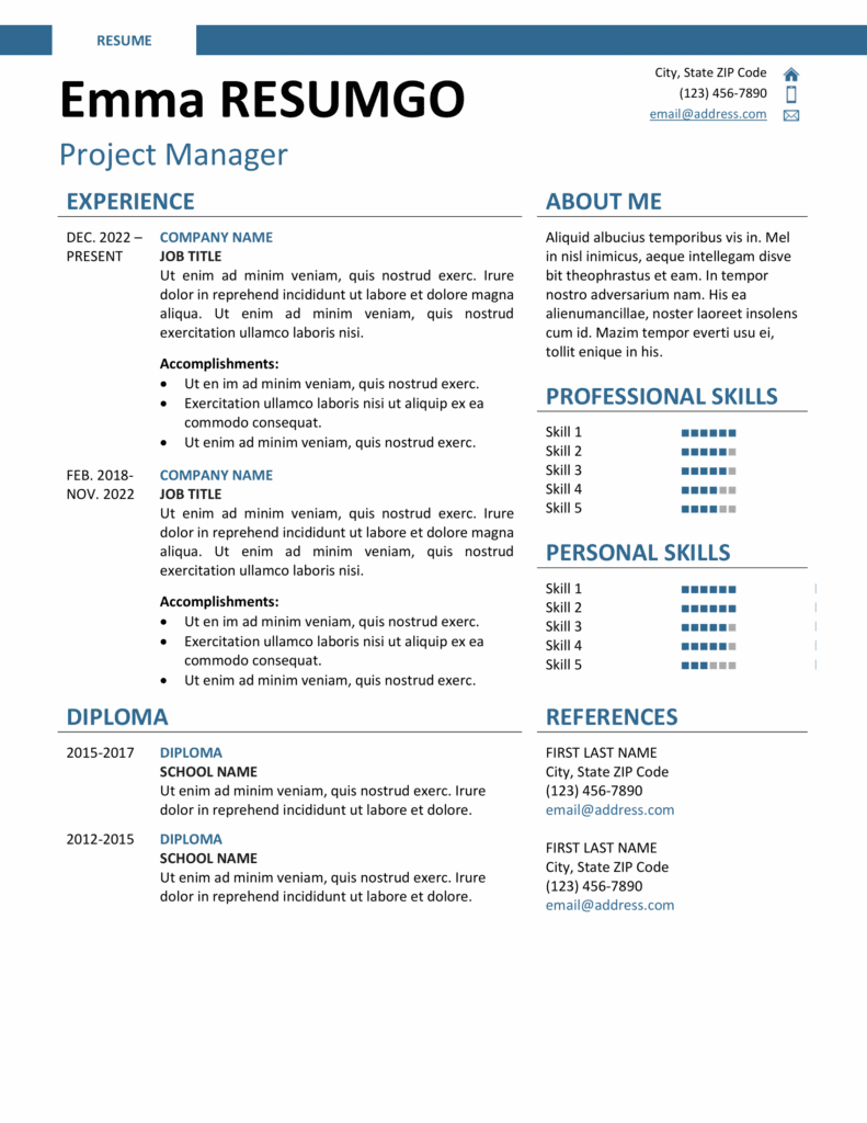 Montjuic Resume Template – Blue Resume Preview Resume preview of Montjuic Template in blue, clean two-column layout with banner header, editable in Word & Google Docs.