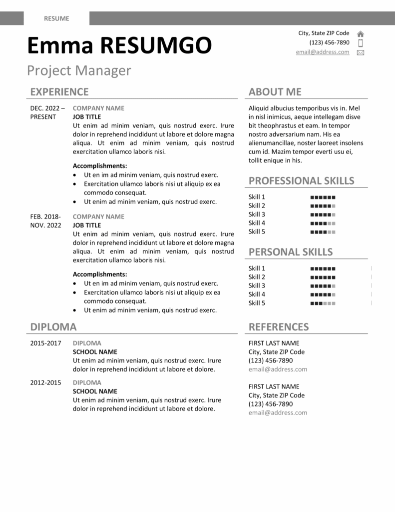 Montjuic Resume Template – Gray Resume Preview Resume preview of Montjuic Template in gray with modern two-column format and banner header, customizable in Word & Google Docs.