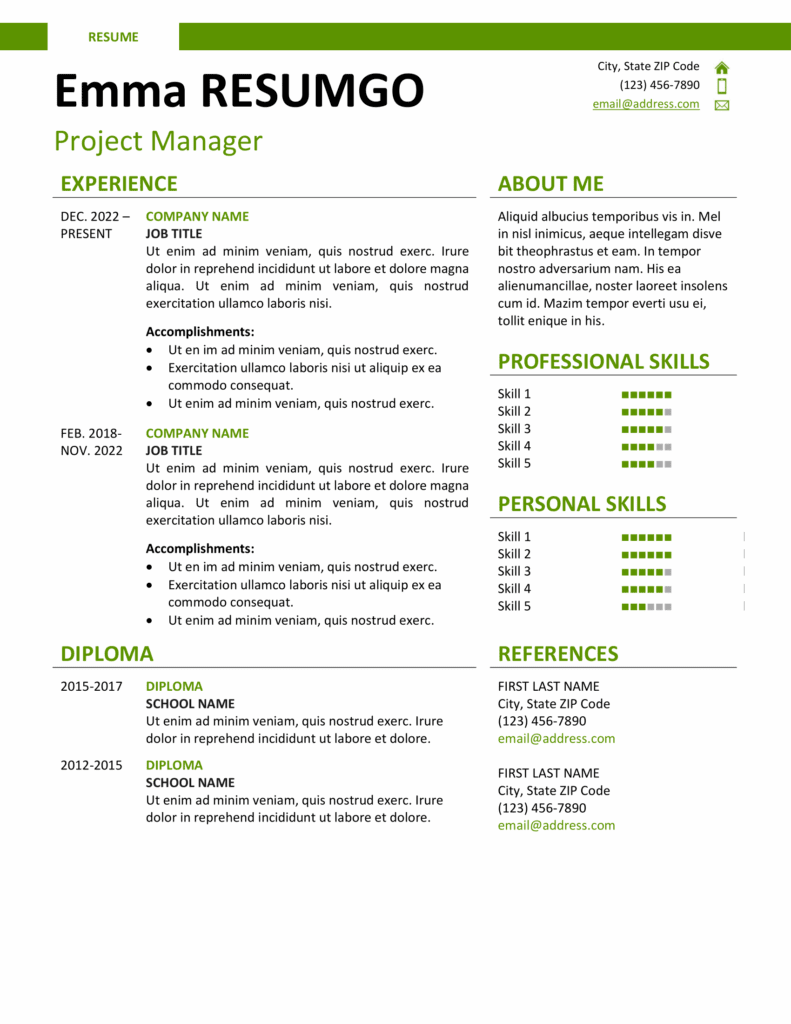 Montjuic Resume Template – Green Resume Preview Resume preview of Montjuic Template in green with structured two-column design and banner header, available in Word & Google Docs.