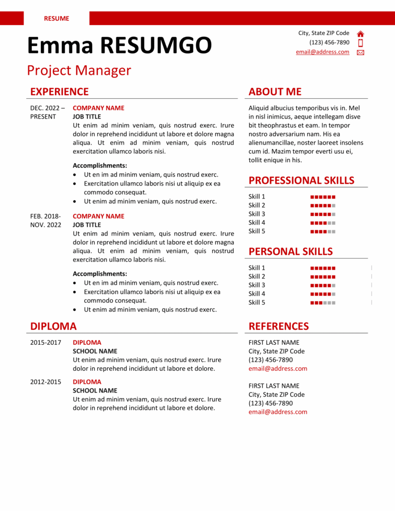 Montjuic Resume Template – Red Resume Preview Resume preview of Montjuic Template in red with clean two-column format and horizontal banner, customizable in Word & Google Docs.