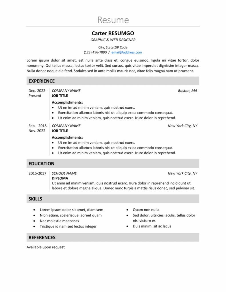 Nakameguro Resume Template – One-Page Preview One-page Nakameguro resume template preview in a classic elegant design, editable in Word & Google Docs.