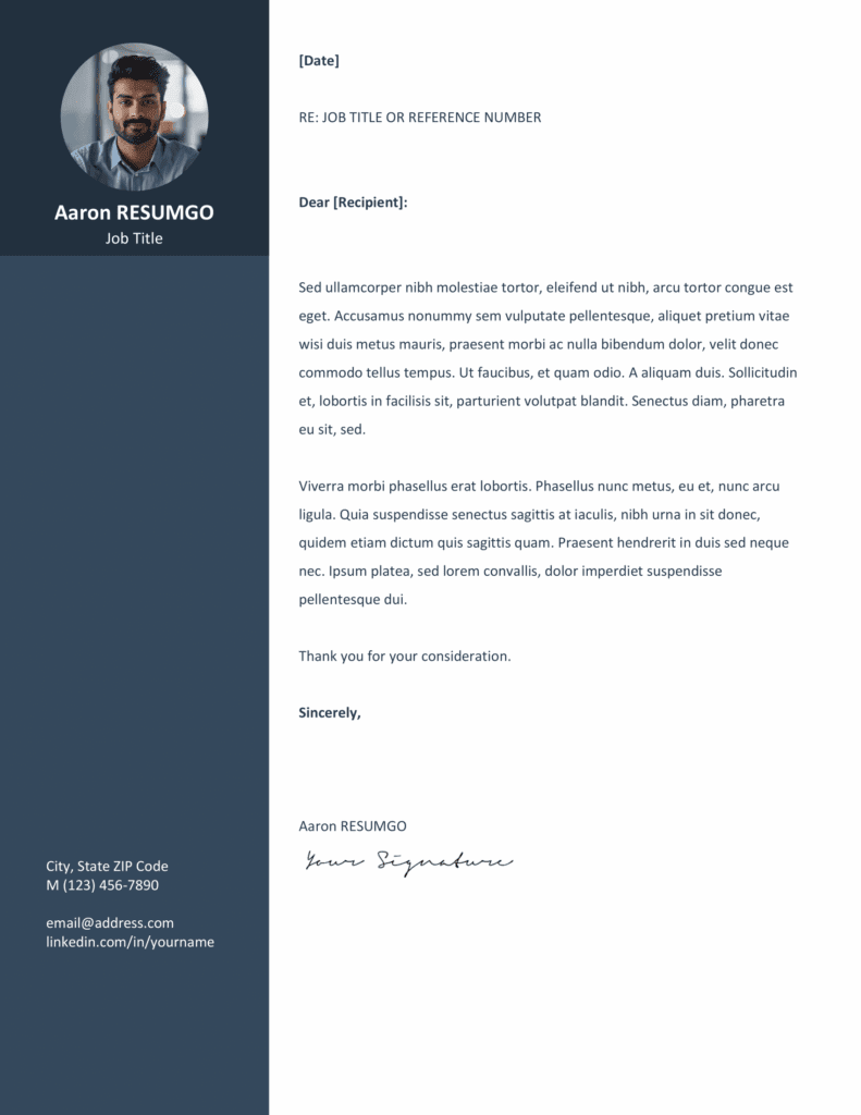 Blue cover letter preview from the Orienta Resume Template, designed with a clean sidebar, editable in Word.