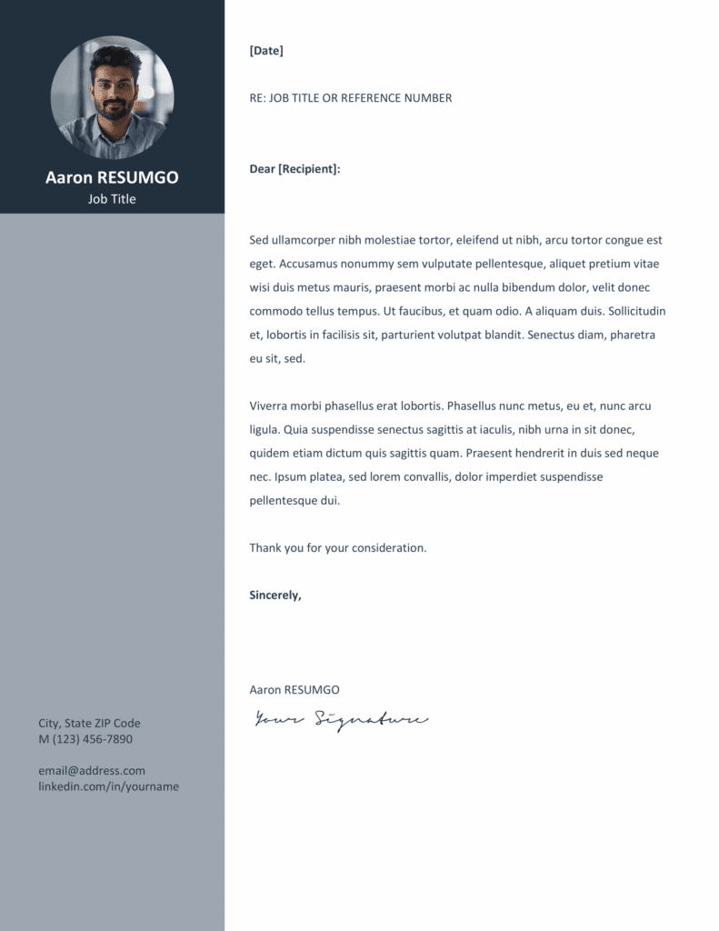 Gray cover letter preview from the Orienta Resume Template, designed with a clean sidebar, editable in Word.