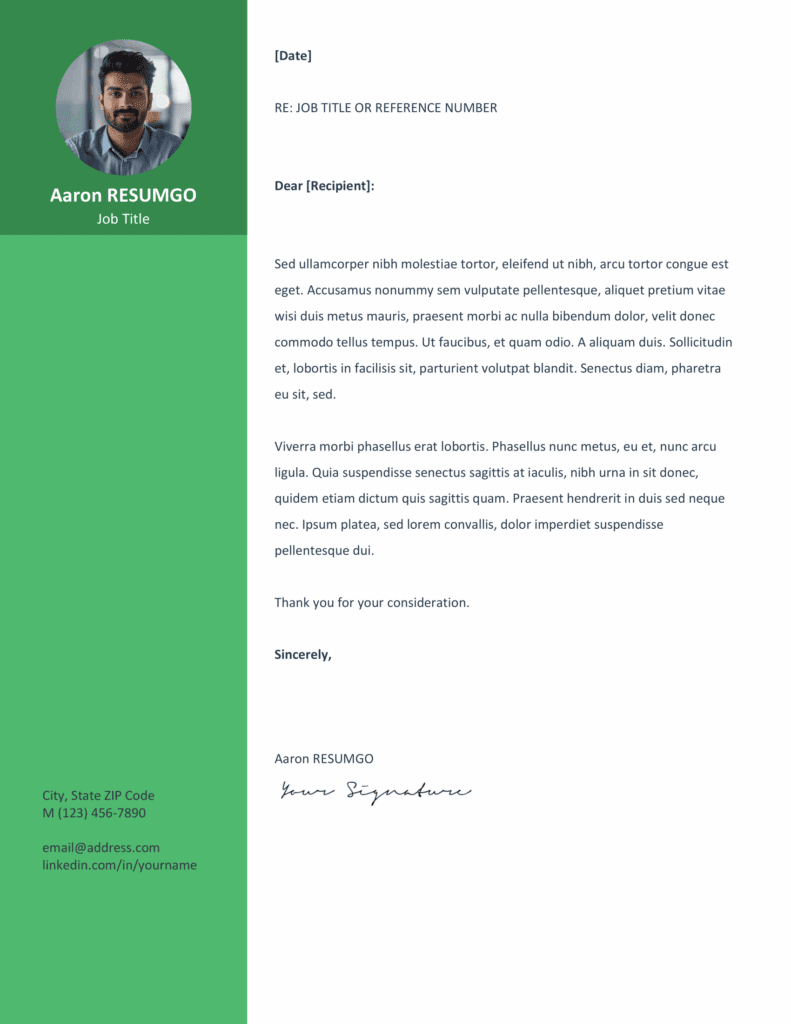 Green cover letter preview from the Orienta Resume Template, designed with a clean sidebar, editable in Word.