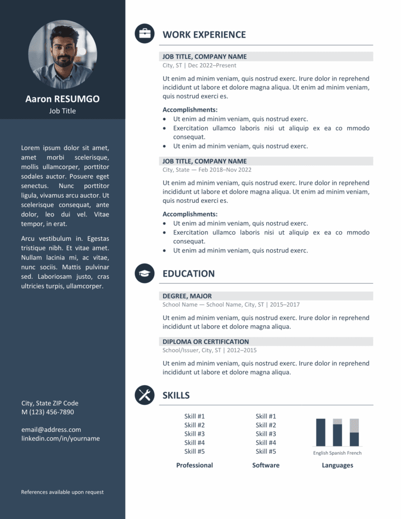 Blue resume preview from the Orienta Resume Template, featuring a professional sidebar design, available in Word.