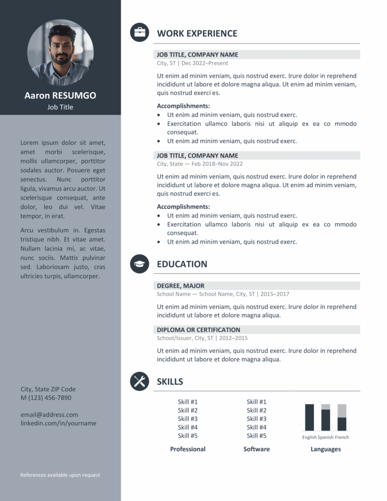 Gray resume preview from the Orienta Resume Template, featuring a professional sidebar design, available in Word.