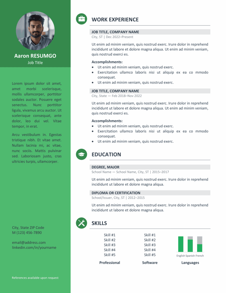 Green resume preview from the Orienta Resume Template, featuring a professional sidebar design, available in Word.