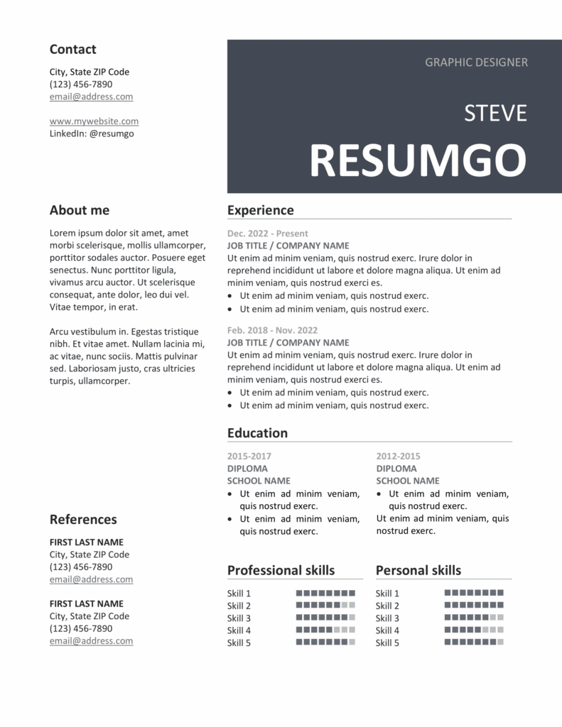 Peckham resume template in gray with 2-column layout and right banner, editable in Word & Google Docs.