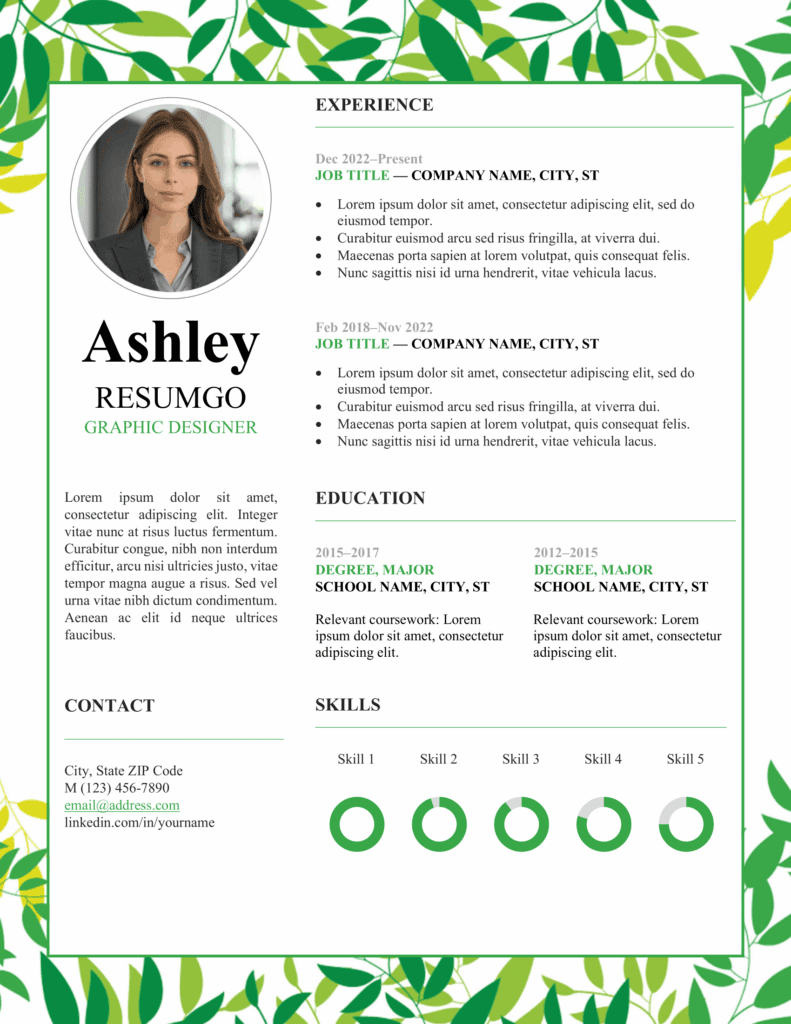 Qanat resume template with floral green leaf border, two-column layout, ID photo placeholder, and editable in Word.
