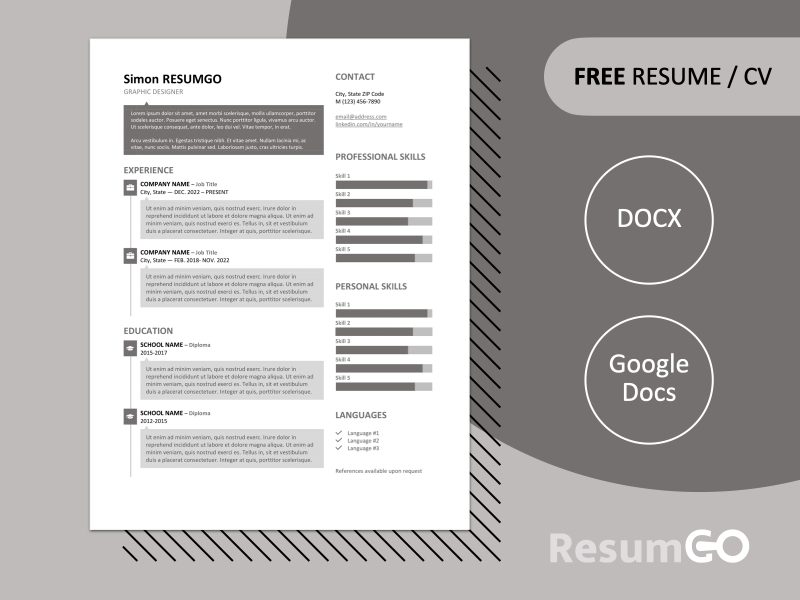 Free SoHo resume template with speech bubble design, Gray, and editable formats in Word & Google Docs.