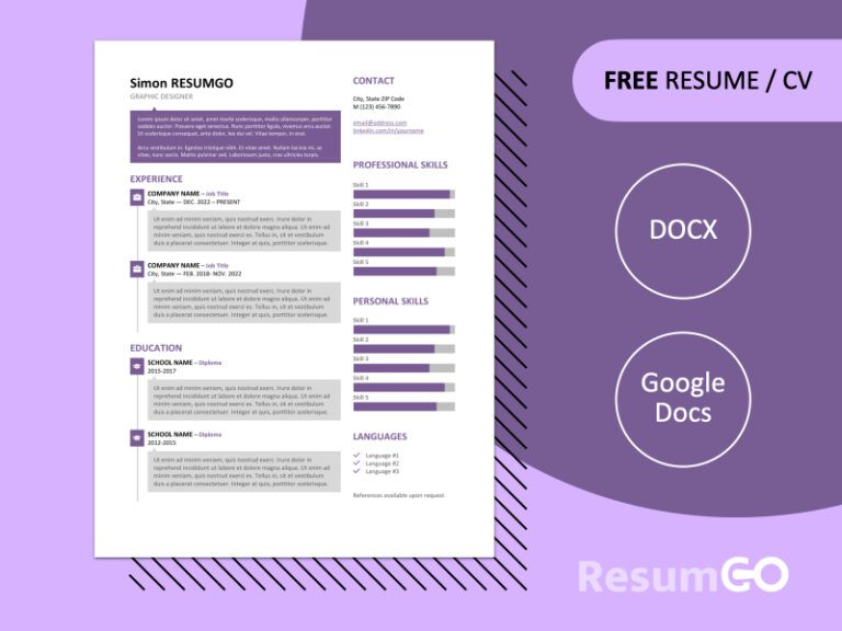 Free SoHo resume template with speech bubble design, Purple, and editable formats in Word & Google Docs.