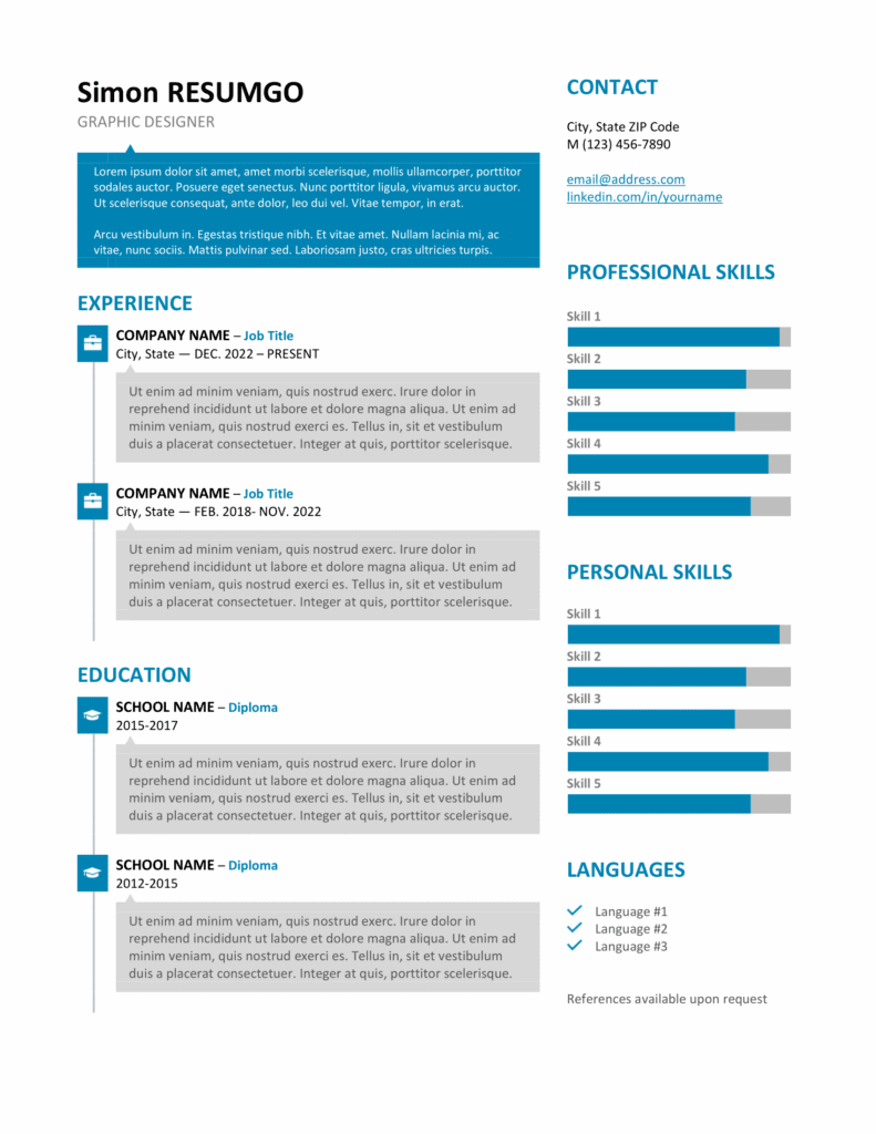 Stylish SoHo resume template in blue featuring speech bubbles and bar chart skills, editable in Word & Google Docs.