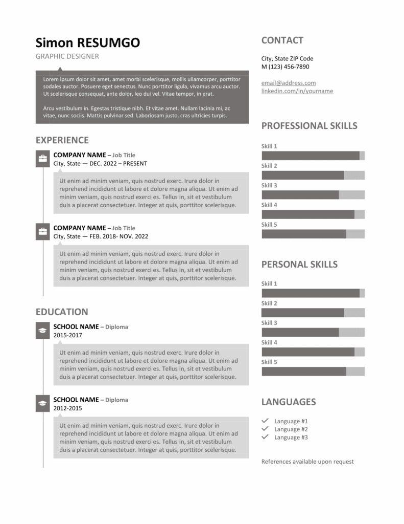Stylish SoHo resume template in gray featuring speech bubbles and bar chart skills, editable in Word & Google Docs.