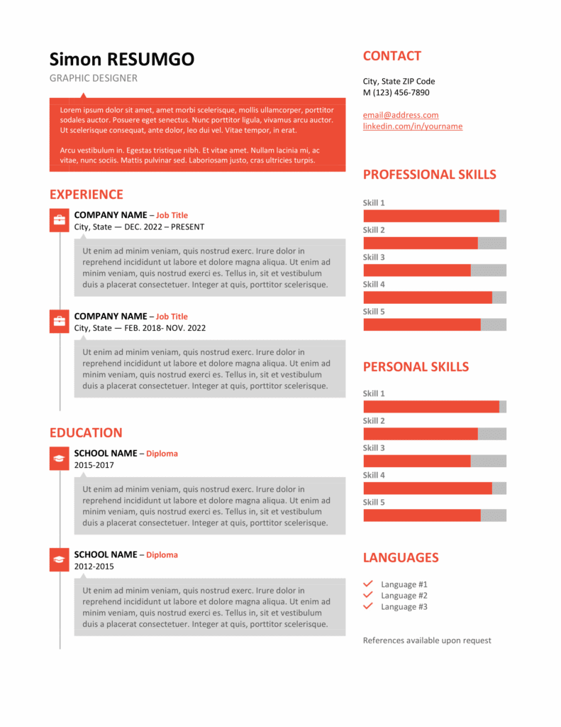 Stylish SoHo resume template in orange featuring speech bubbles and bar chart skills, editable in Word & Google Docs.