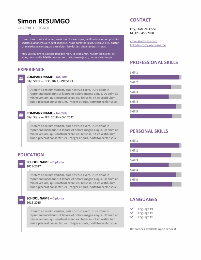 Stylish SoHo resume template in purple featuring speech bubbles and bar chart skills, editable in Word & Google Docs.