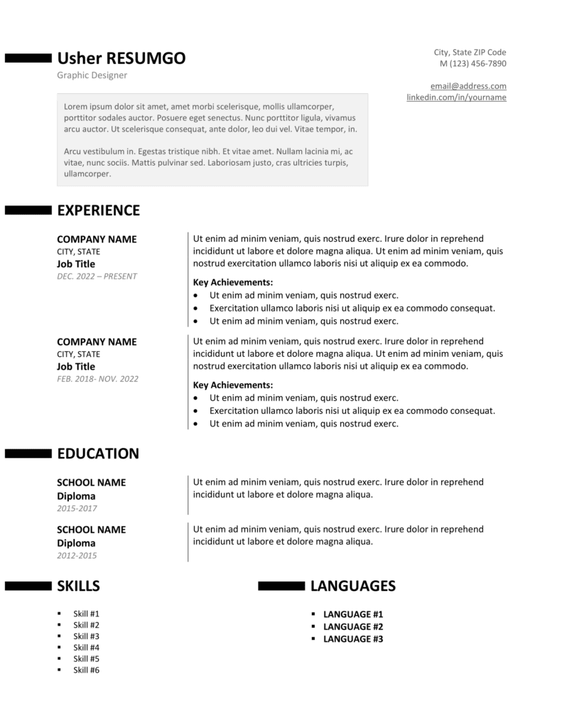 Black color style preview of the Ueno resume template with a modern two-column layout, editable in Word & Google Docs.