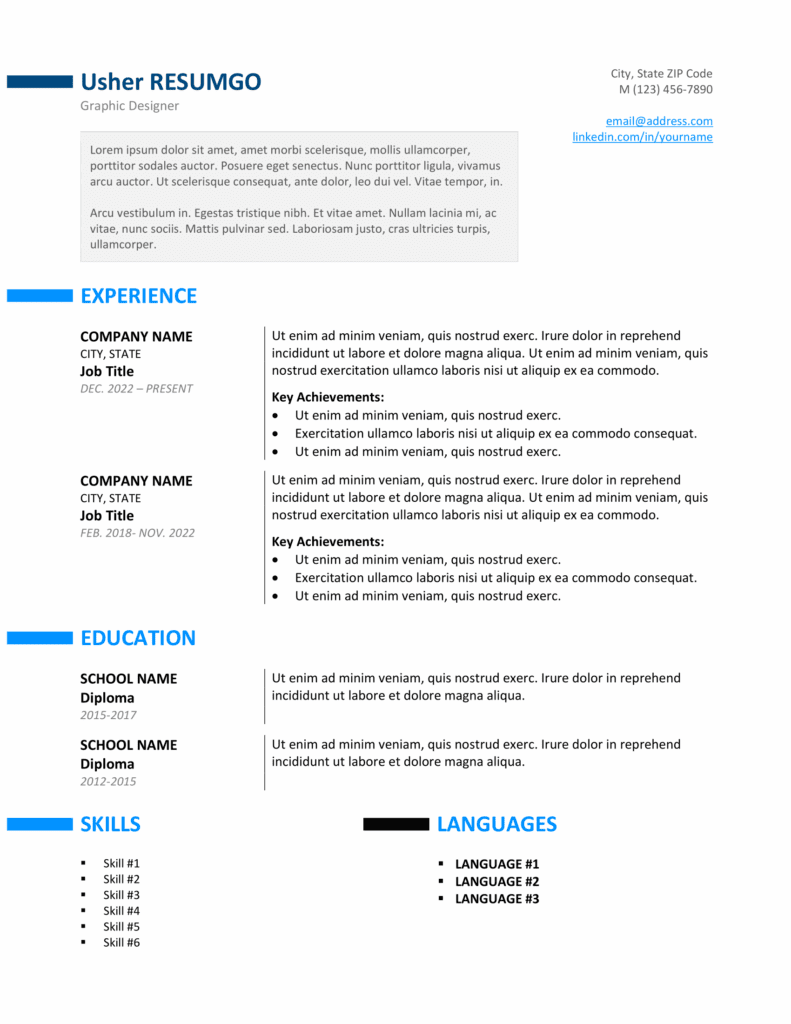 Blue color style preview of the Ueno resume template with a modern two-column layout, editable in Word & Google Docs.