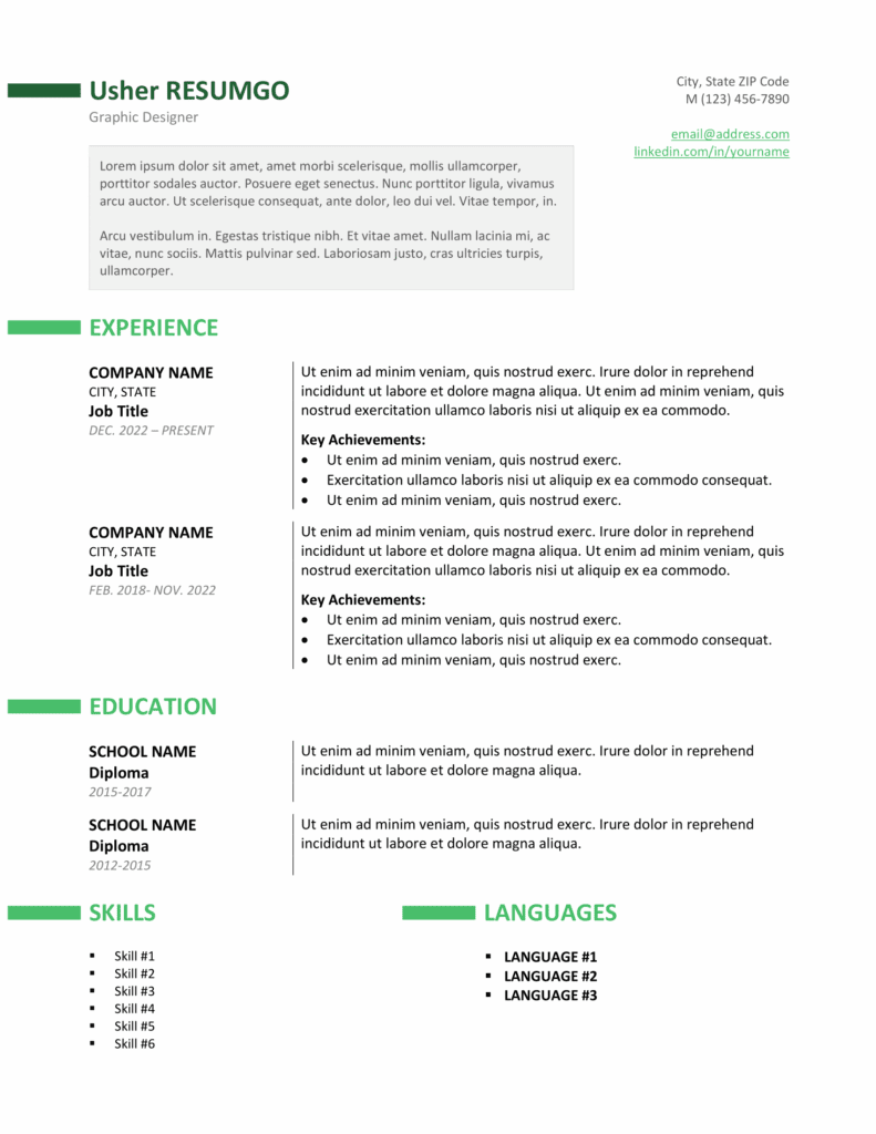 Green color style preview of the Ueno resume template with a modern two-column layout, editable in Word & Google Docs.