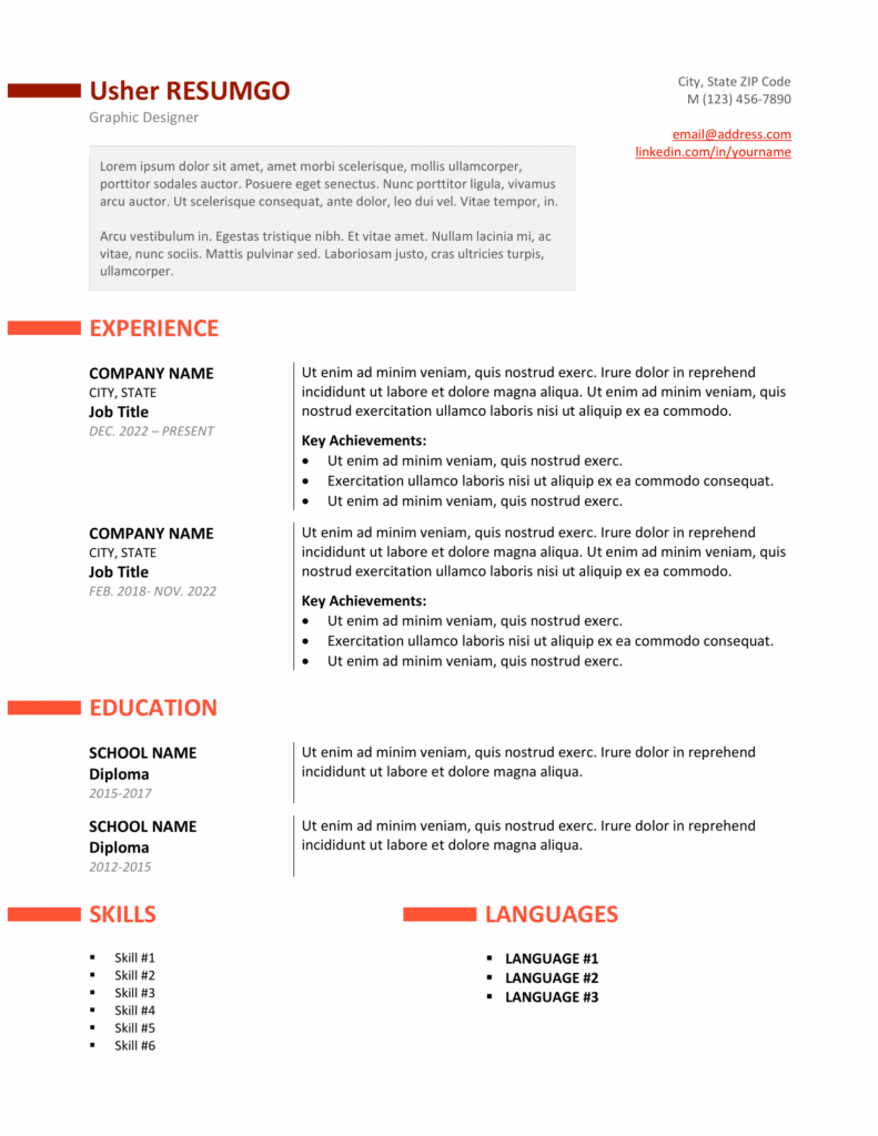 Orange color style preview of the Ueno resume template with a modern two-column layout, editable in Word & Google Docs.