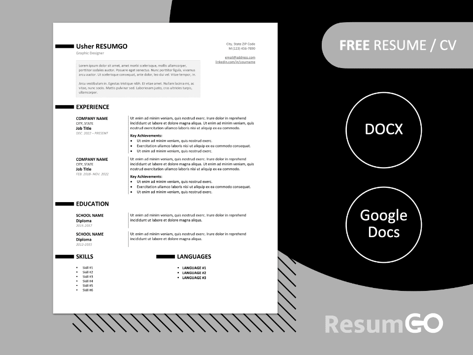 Featured image preview of the Ueno resume template in Word & Google Docs, showing clean two-column layout in Black.