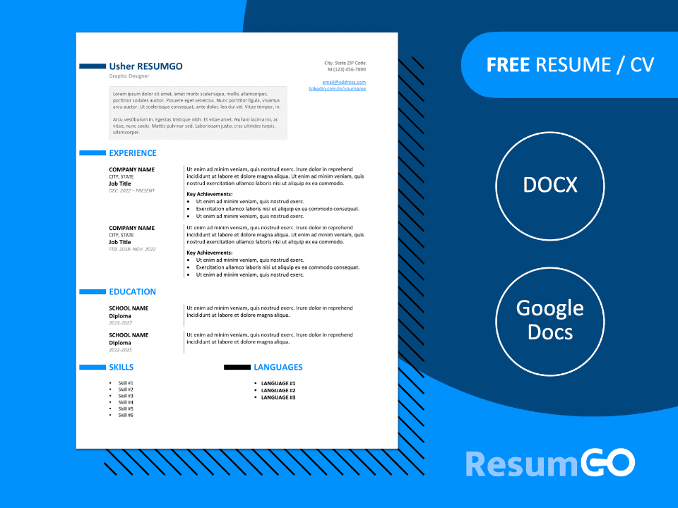 Featured image preview of the Ueno resume template in Word & Google Docs, showing clean two-column layout in Blue.