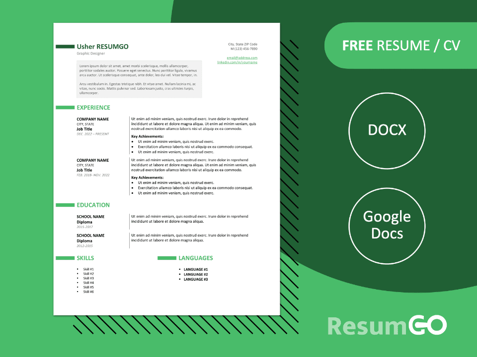 Featured image preview of the Ueno resume template in Word & Google Docs, showing clean two-column layout in Green.