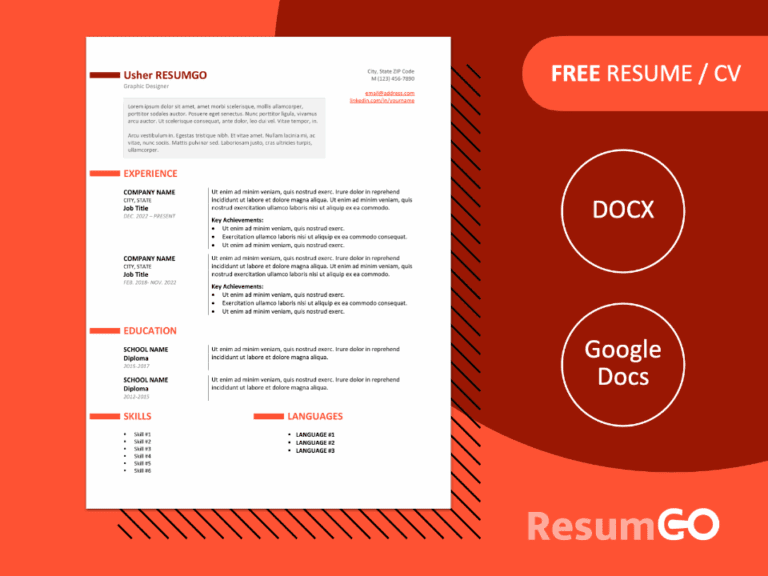 Featured image preview of the Ueno resume template in Word & Google Docs, showing clean two-column layout in Orange.