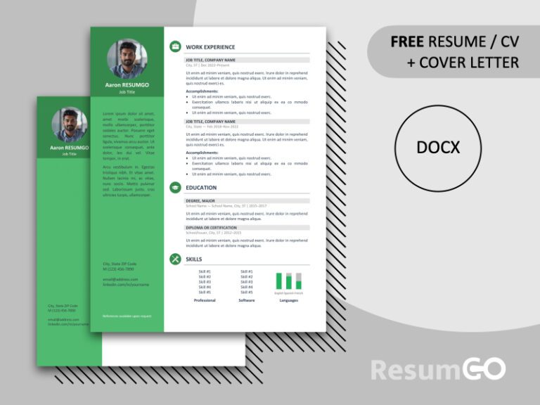 Green featured preview of the Orienta Resume Template showing resume and cover letter designs in Word format.