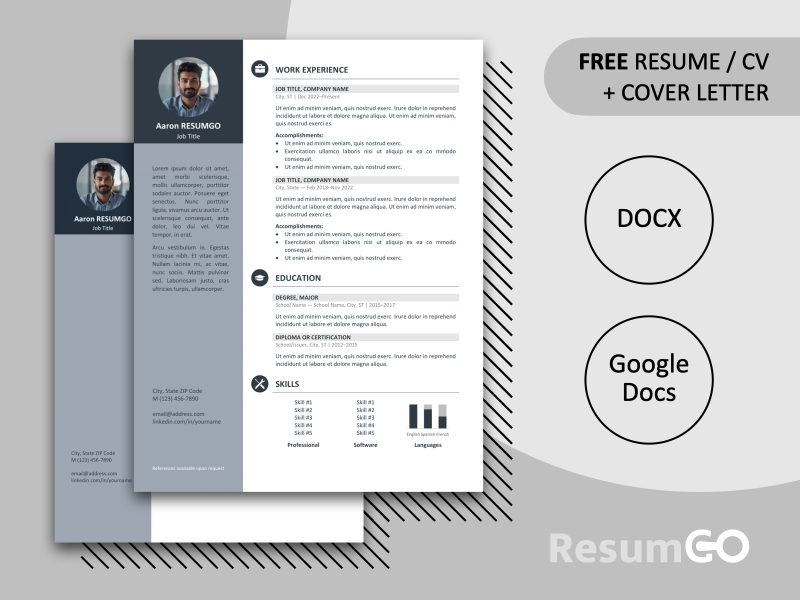 Gray featured preview of the Orienta Resume Template showing resume and cover letter designs in Word format.