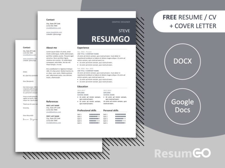 Free Gray Peckham resume template with cover letter, modern 2-column layout, available in Word & Google Docs.