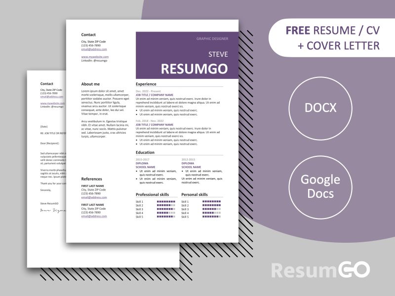 Free Purple Peckham resume template with cover letter, modern 2-column layout, available in Word & Google Docs.